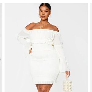 Plus Cream Chiffon Shirred Bodycon Dress